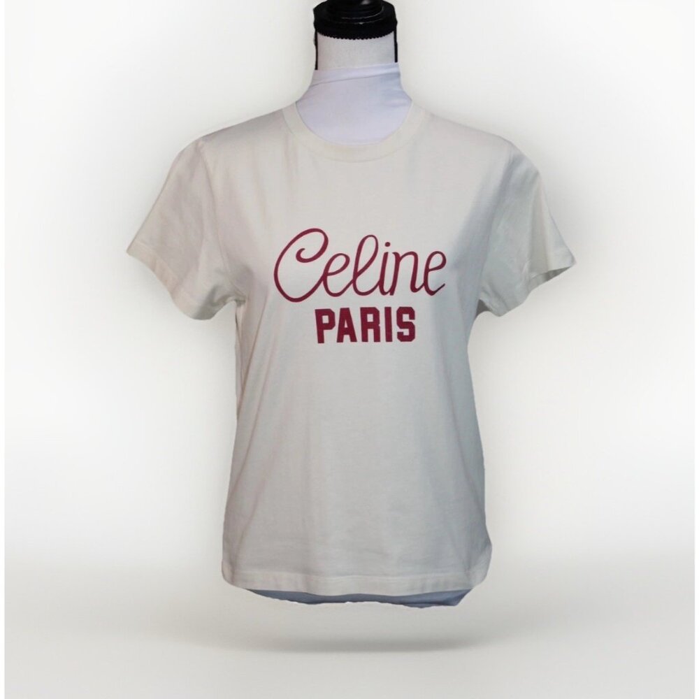 CELINE logo print short sleeve T-shirt ivory off-white red Authentic Italy M